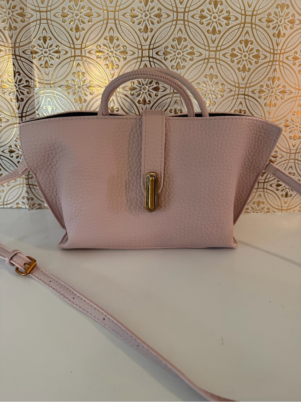 Blush Pink Pebbled Leather Crossbody Tote with Gold Accent